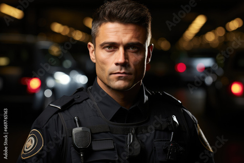 Portrait of policeman near police car photo