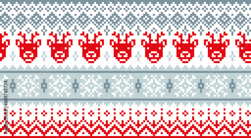Nordic pattern for Christmas, New Year or winter design. Knitted pattern with reindeer and snowflakes. Design for hat, ugly sweater, jumper, paper card.