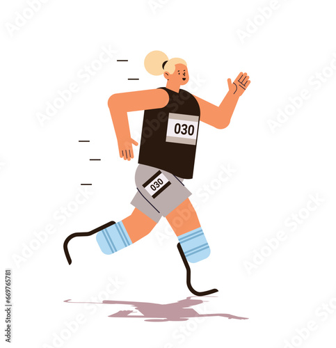 disabled woman running fast athlete runner on carbon prosthetics special olympics paralympic games concept
