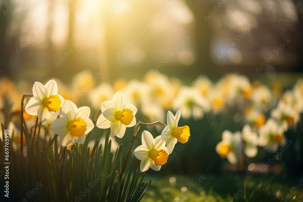 Beautiful daffodils blooming amidst sunshine and bokeh. Generative AI - obrazy, fototapety, plakaty 