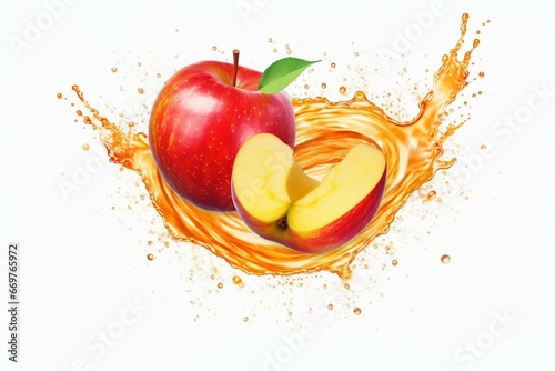 Juicy apple, apple slice, and splashing swirl of vinegar. Fruit drink design element. Isolated splash of healthy apple juice. Tasty diet concept. Generative AI