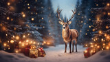 New year celebration holiday concept. Present gift boxes on the snow under Christmas tree. Christmas reindeer in winter forest. Ai generative