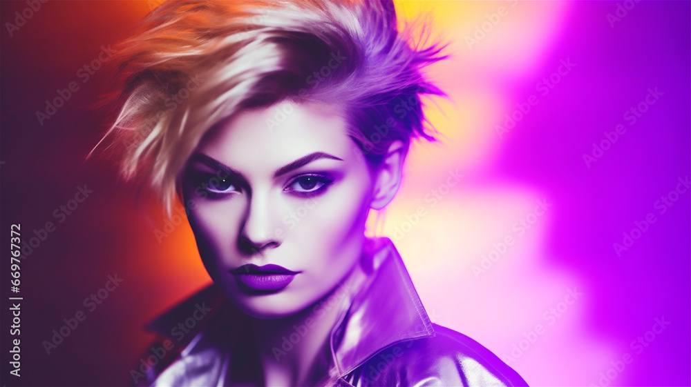 A color illustration of a glamorous model with short blond hair. Psychedelic colors.