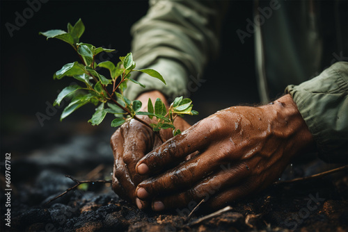 the hands of an elderly man with wrinkles hold a young tree seedling. Concept of gardening and protecting the environment and continuing life