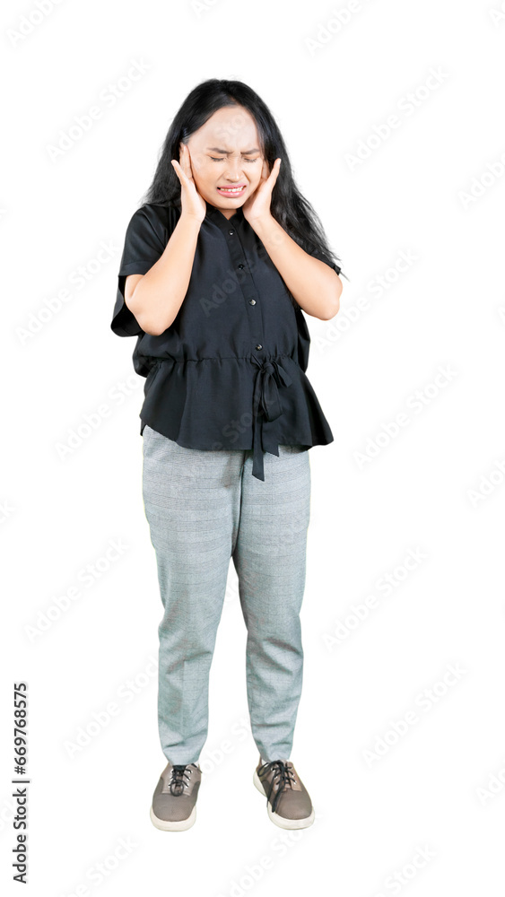 Young Asian woman with headache or ear pain Young Asian woman with headache or ear pain