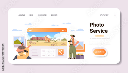 tourists or photographers making travel photo of wildlife on digital camera photo service concept wild landscape background