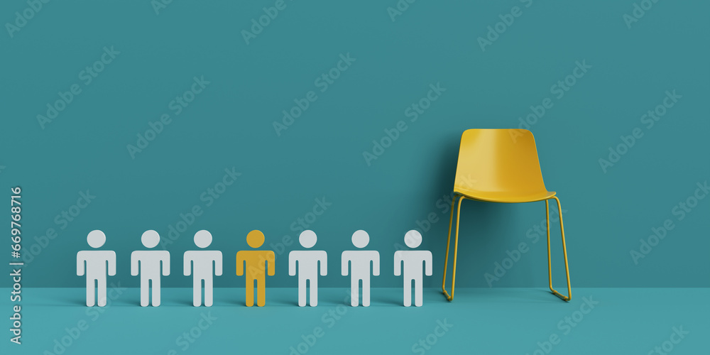 Concept background with chairs for job interviews and people represented by pictograms who want to get a job, 3d rendering - obrazy, fototapety, plakaty 
