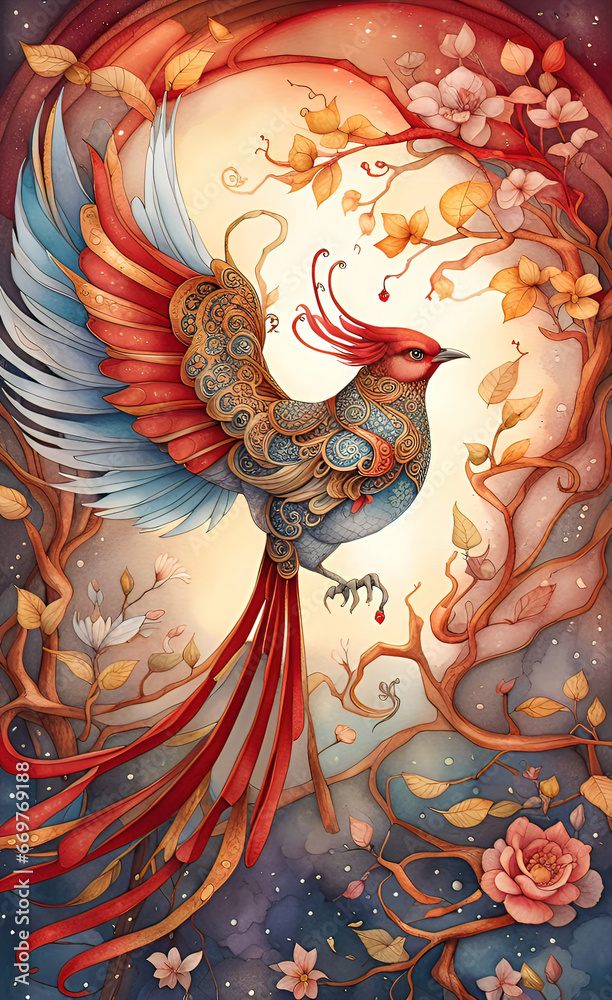 Digital watercolor illustration of a beautiful magical fantasy bird with bright wings and a wavy tail with flowers in the branches