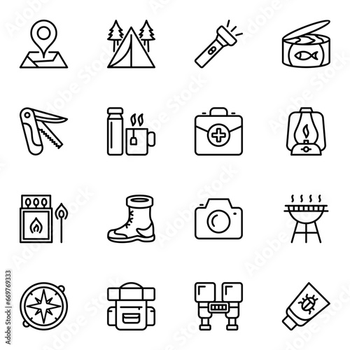 camping equipment line icons set. tool, lamp, map, binoculars, outline, direction, recreation, fire, photo, camera, hiking, location, pictogram, first aid, pointer, trekking, kit