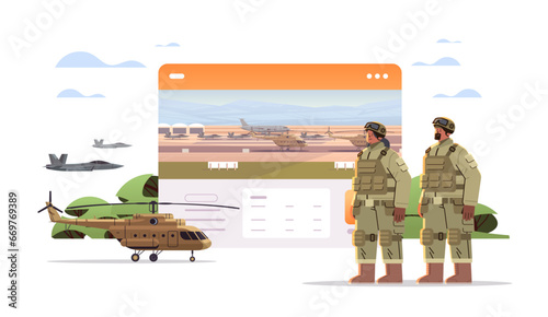 army soldiers in camouflage helmet and life vest standing together military service happy labor day celebration concept
