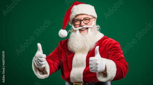 Old Santa Claus Man in Christmas Hat Red Suit Clothes Keep his Thumbs Up Green background Studio Shot. Like Happy New Year, Merry Christmas, x-mas Holiday Concept. Ai Generative