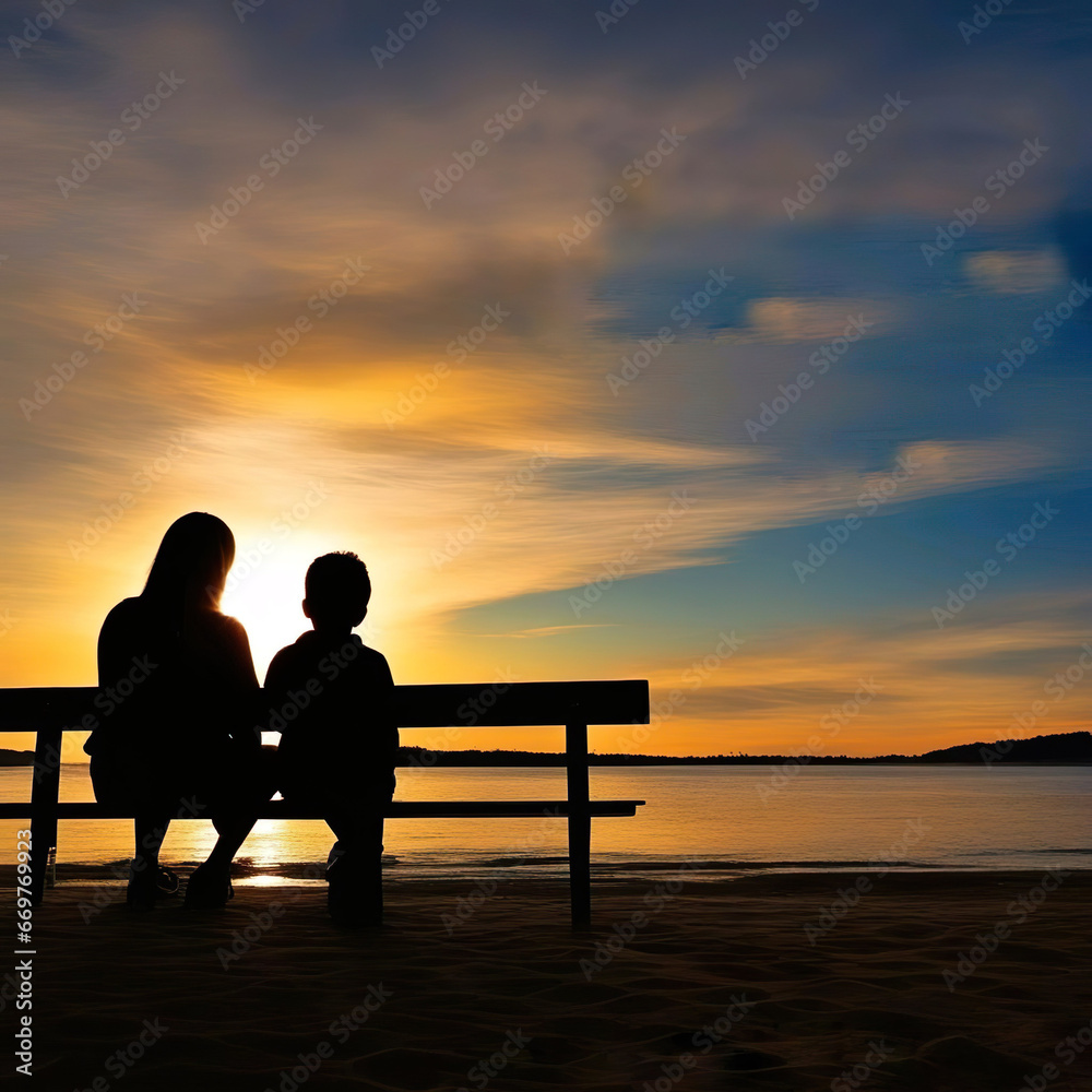 Siluetas mujer y niño sentados en un banco junto a un lago observando una bonita puesta de sol 