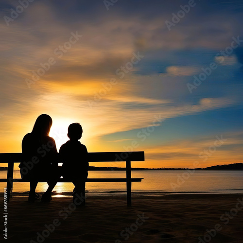 Siluetas mujer y niño sentados en un banco junto a un lago observando una bonita puesta de sol 