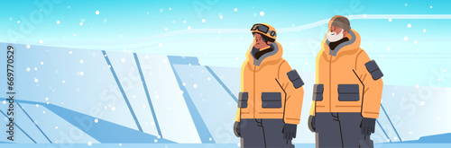 oilmen or gasmen standing together workers in uniform technician maintenance expedition service concept horizontal
