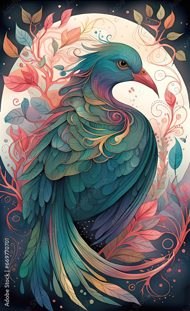 Obraz premium Digital watercolor illustration of a beautiful magical fantasy bird with bright wings and a wavy tail with flowers in the branches
