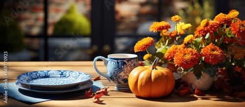 An autumn themed meal set on a wooden patio table with white and blue tableware adorned with colorful leaves and two orange pumpkins