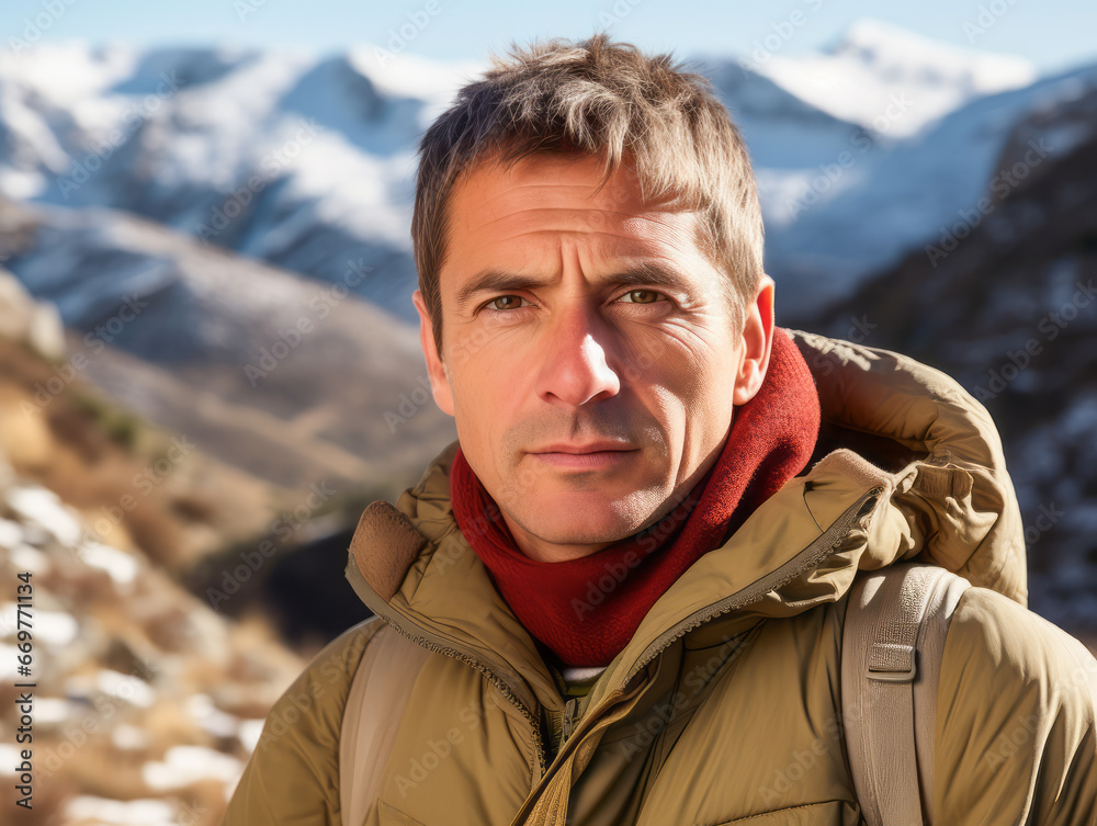 A portrait of handsome guy tourist in beautiful mountain tracking route. Man wear the sport active wear with backpack. Ai generative A portrait of handsome guy tourist in beautiful mountain tracking route. Man wear the sport active wear with backpack. Ai generative