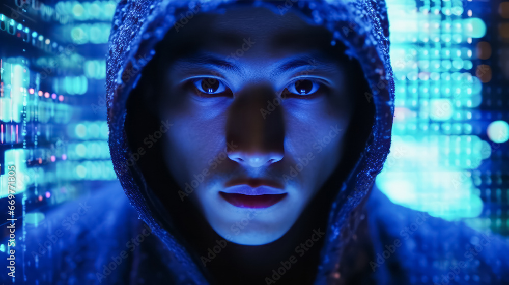 Portrait of hacker man in a hoodie. blue blurred background. Dramatic lighting. Concept of data protection. Ai generative Portrait of hacker man in a hoodie. blue blurred background. Dramatic lighting. Concept of data protection. Ai generative