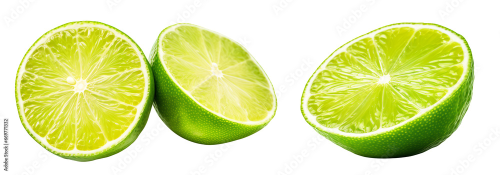 Citrus lime fruit isolated on white background cutout. cut in half lime. top view. transparency background - Generative AI