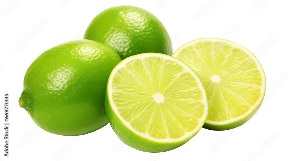 Citrus lime fruit isolated on white background cutout. cut in half lime. top view. transparency background - Generative AI Citrus lime fruit isolated on white background cutout. cut in half lime. top view. transparency background - Generative AI