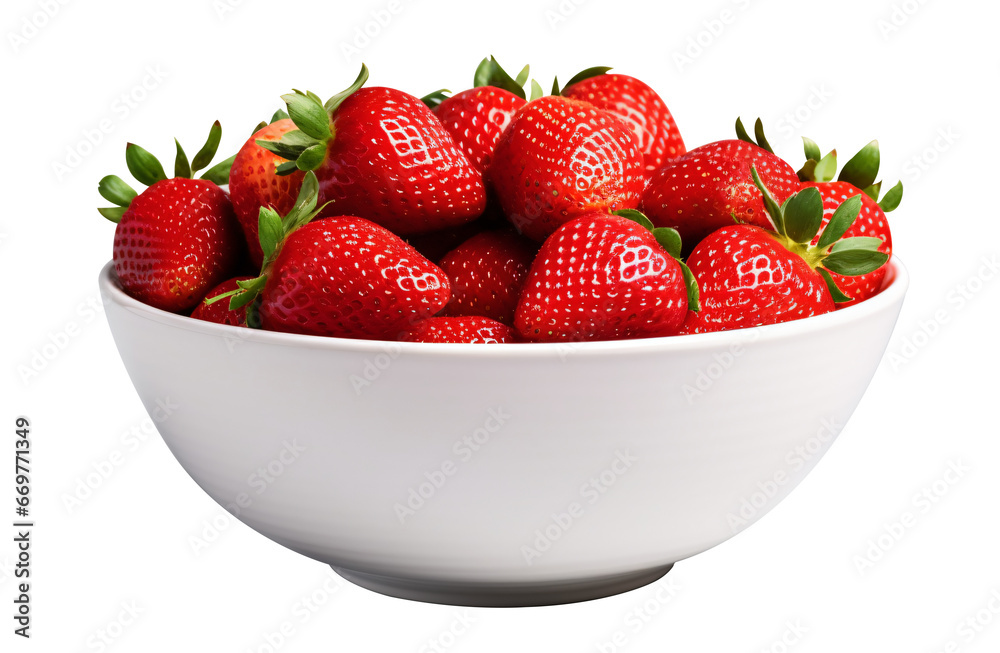 Fresh ripe delicious strawberries in a white bowl on a transparency background - Generative AI Fresh ripe delicious strawberries in a white bowl on a transparency background - Generative AI