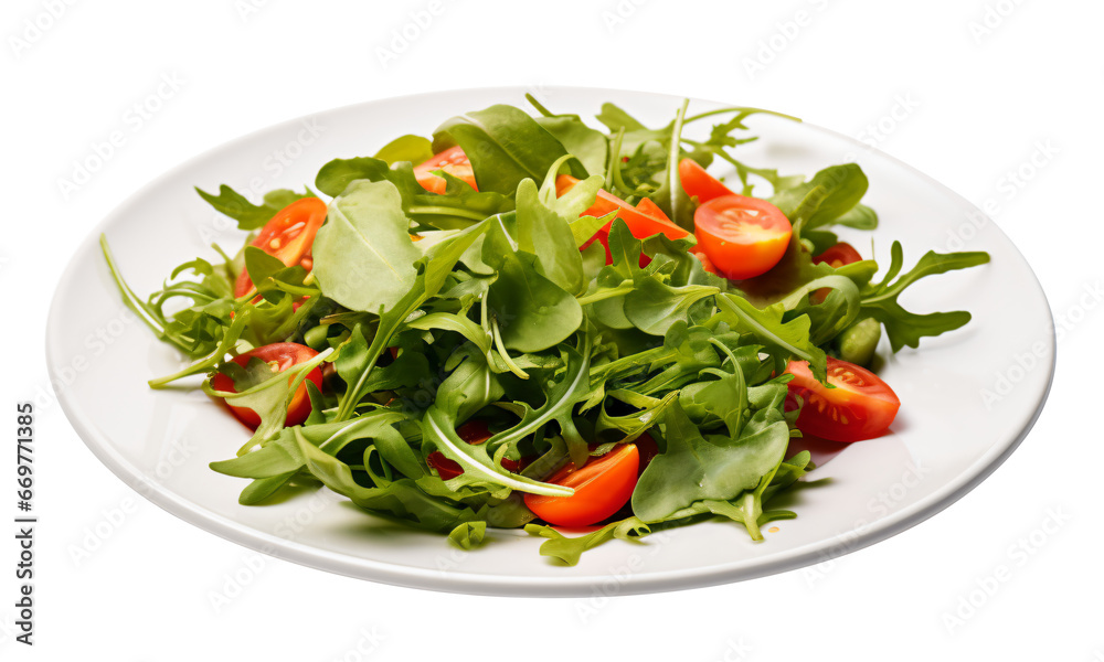 Fresh salad in a white plate. transparency background. from above - Generative AI