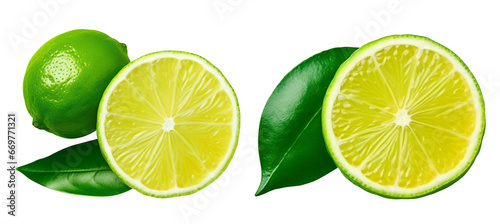 Citrus lime fruit isolated on white background cutout. cut in half lime. top view. transparency background - Generative AI