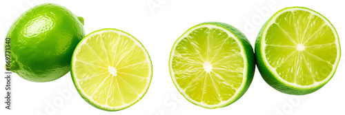 Citrus lime fruit isolated on white background cutout. cut in half lime. top view. transparency background - Generative AI