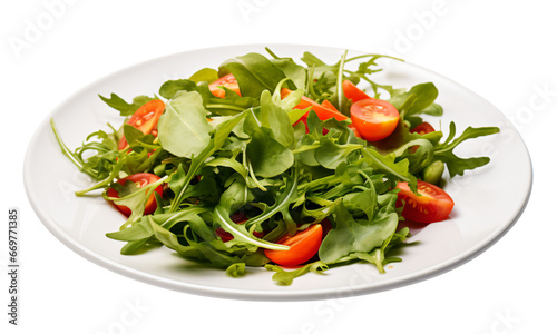 Fresh salad in a white plate. transparency background. from above - Generative AI