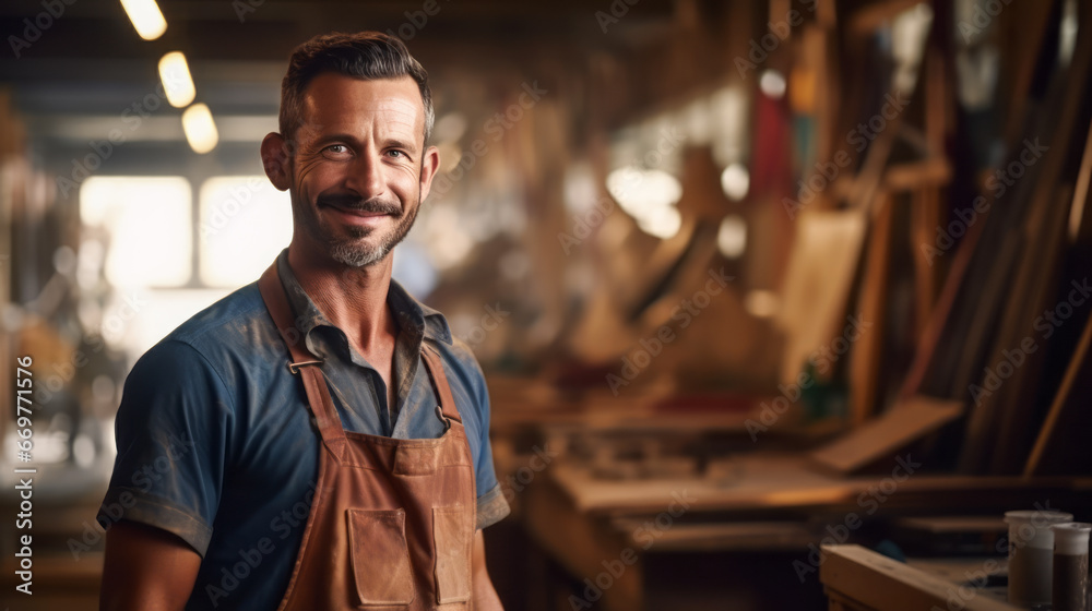 Man designer carpenter stand in a Craft room with wood. Ai generative Man designer carpenter stand in a Craft room with wood. Ai generative