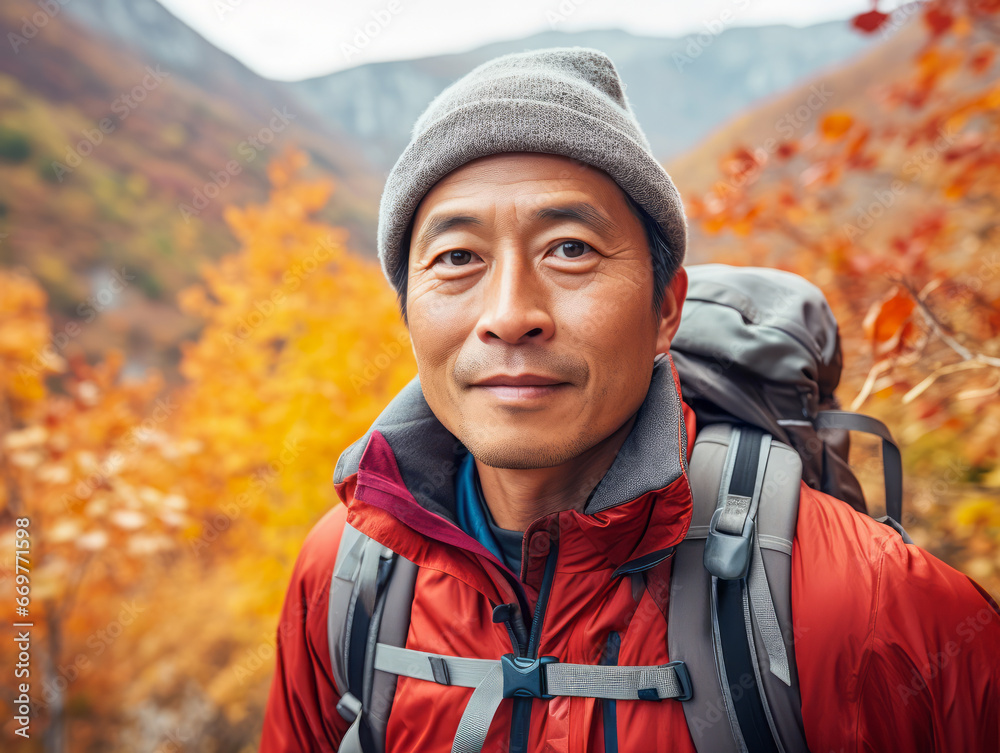 A portrait of smiling Asian guy tourist in beautiful mountain tracking route. Man wear the sport active wear with backpack. Ai generative A portrait of smiling Asian guy tourist in beautiful mountain tracking route. Man wear the sport active wear with backpack. Ai generative