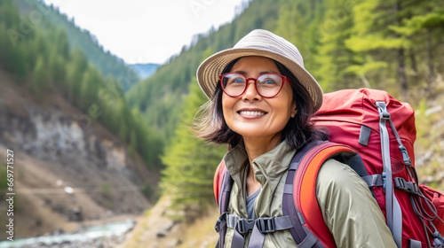 A portrait of smiling Asian girl tourist in beautiful mountain tracking route. Woman wear the sport active wear with backpack. Ai generative