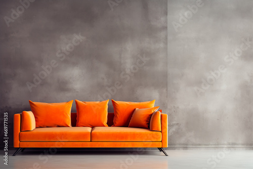 A vivid orange corner velvet sofa next to a concrete wall offers copy space in the minimalist interior design of the modern living room.