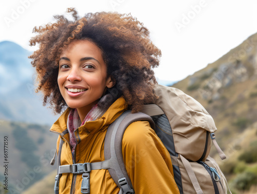 A portrait of smiling black girl tourist in beautiful mountain tracking route. Woman wear the sport active wear with backpack. Ai generative