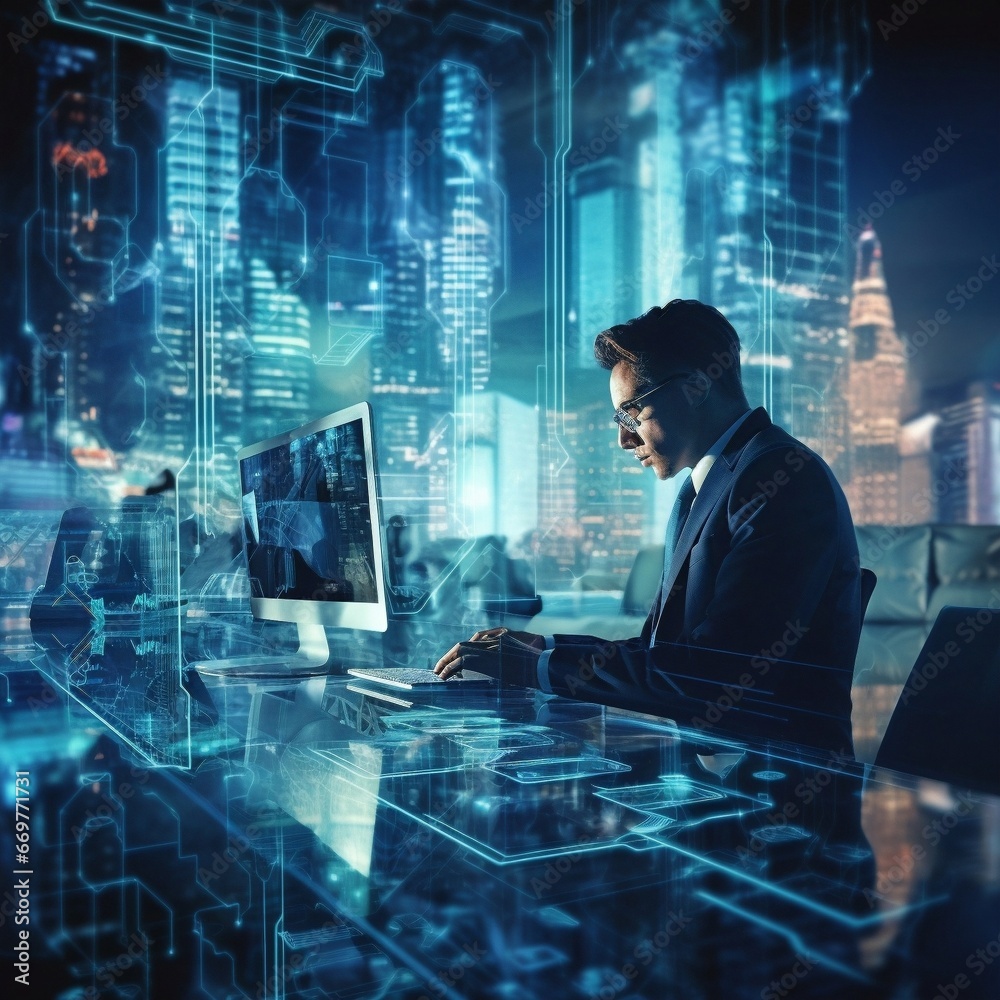 a middle-aged businessman is sitting in front of a computer and typing on a keyboard. Futuristic city lights at night are visible in the background - generative AI a middle-aged businessman is sitting in front of a computer and typing on a keyboard. Futuristic city lights at night are visible in the background - generative AI