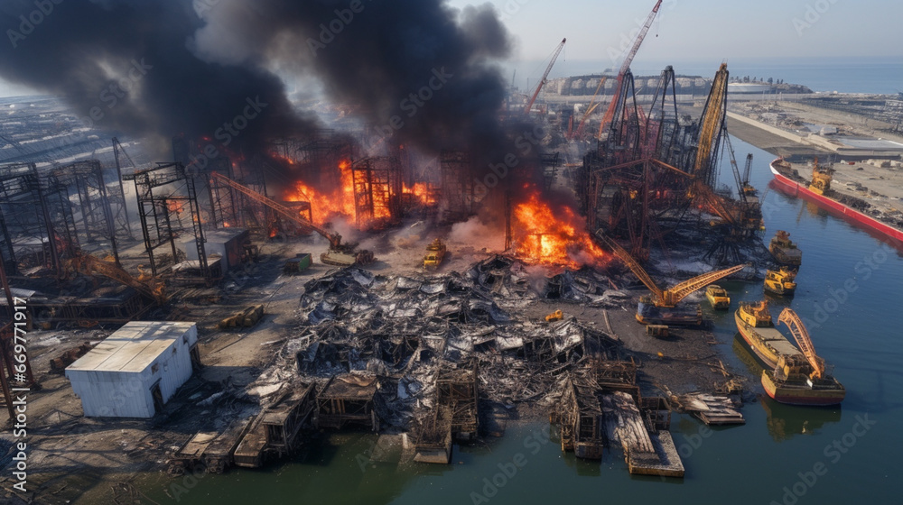 Port completely destroyed as the inspection of the scene continue after a fire. generative ai