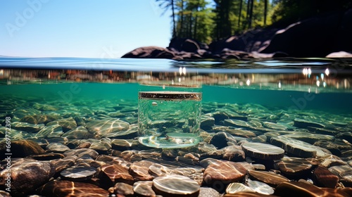 Glass jar under clear river water with backdrop of beautiful landscape in river AI