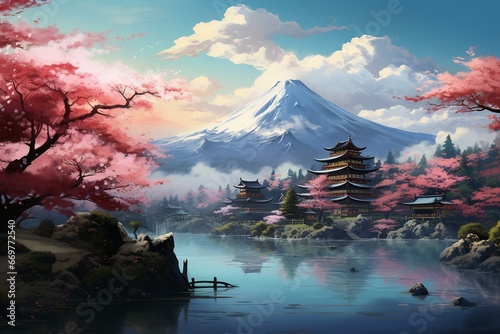Artwork depicting serene landscapes of Japan. Generative AI