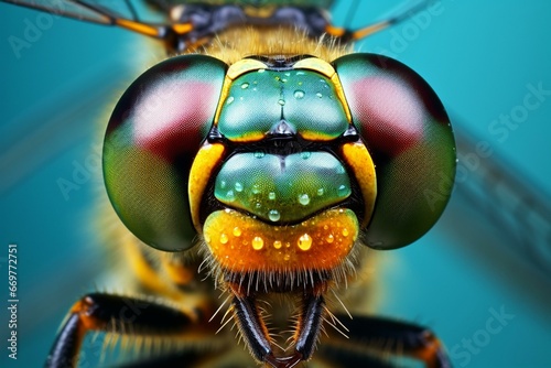 A sharply clear closeup of a dragonfly showcasing its intricate features through vivid macro photography. Generative AI © Quintin