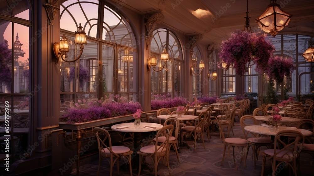 An elegant Parisian caf?(C) at dusk, with shades of soft lavender, dusky rose, and touches of muted gold under warm lamplight