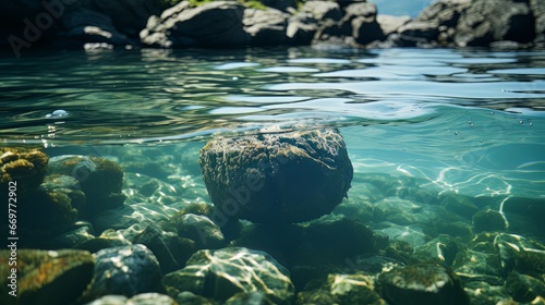 Rocks under crystal water on a river bed, beautiful calm landscape without people AI