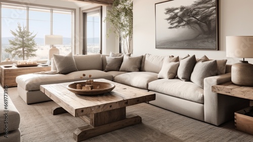 An inviting family room with a sectional sofa, oversized throw pillows, and a rustic reclaimed wood coffee table, creating an atmosphere of casual comfort © ishtiaaq