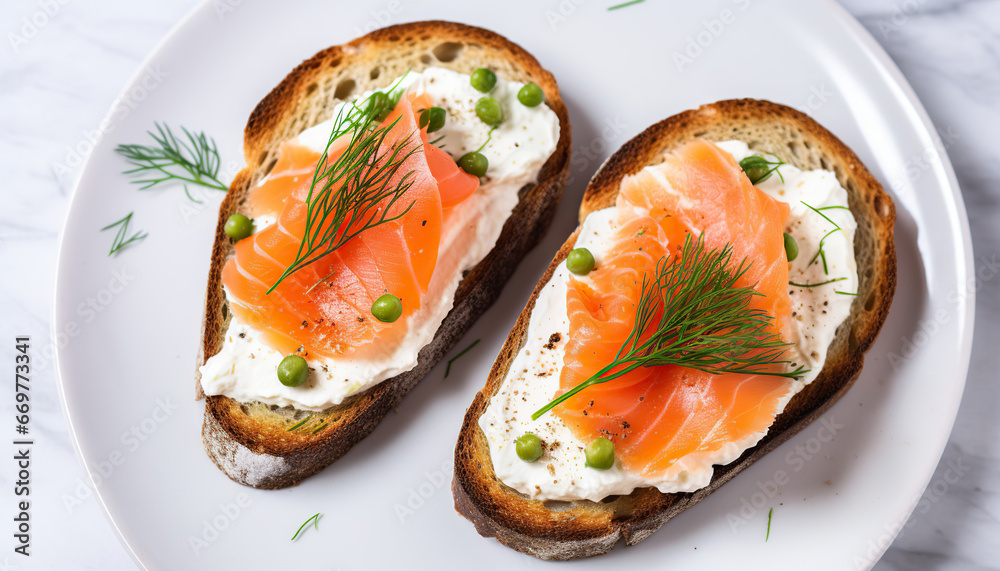 toast with salmon, cream cheese on a white marble countertop