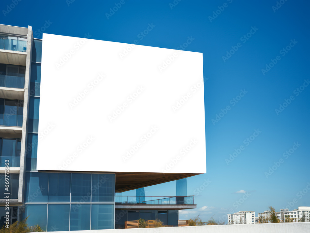 Fototapeta premium Mockup blank placard. Modern design outdoor constraction. Empty building billboard mock up template poster. Street ad exterior. Ai generative illustration