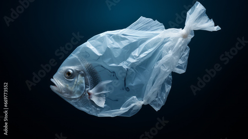 Fish made of plastic bags are swiming in the ocean. Contamination of the Oceans. Marine plastic pollution concept. Environmental pollution. Ai generative