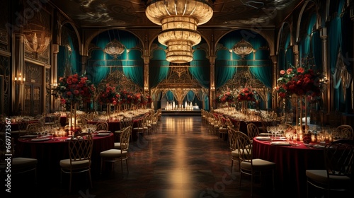 An opulent ballroom with gilded details and rich burgundy and deep emerald accents, bathed in warm golden light