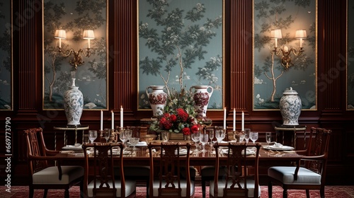 An opulent dining area featuring a grand mahogany table adorned with exquisite porcelain dinnerware, set against a backdrop of rich, textured wallpaper