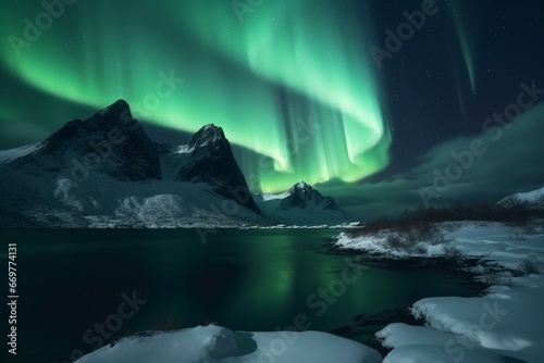 Norwegian winter landscape with green aurora over mountains on the Lofoten Islands. Generative AI