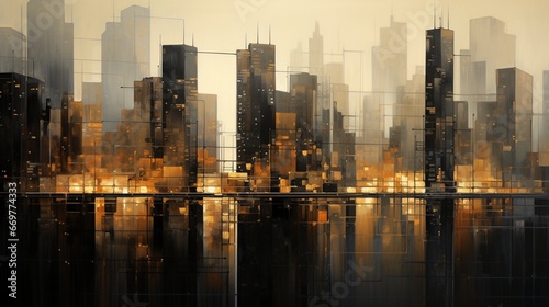 An urban skyline at twilight  characterized by a blend of steel gray and warm amber tones reflecting off glass skyscrapers