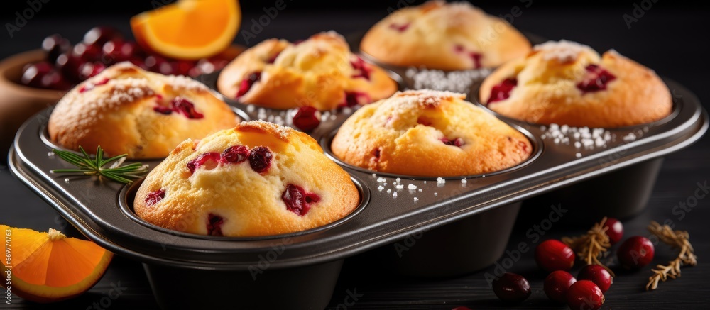 Cranberry muffins with orange zest homemade in a baking pan side view Cranberry muffins with orange zest homemade in a baking pan side view